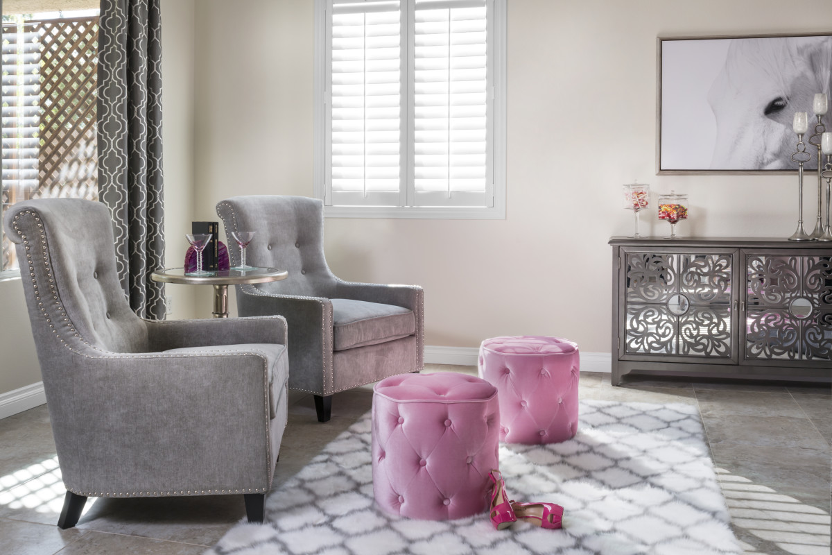 Destin pink living room with shutters